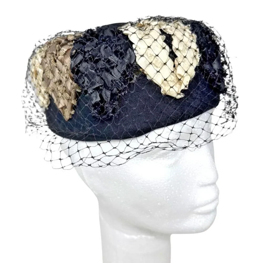 VTG 1950s Pillbox Hat Net Veil Womens Black Cream Taupe Woven Raffia Rockabilly - Picture 2 of 11